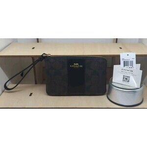 Coach Corner Zip Wristlet - Walnut/Black Signature Canvas, Brand New
